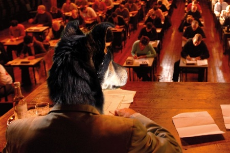 Man with dog's head overseeing exam hall
