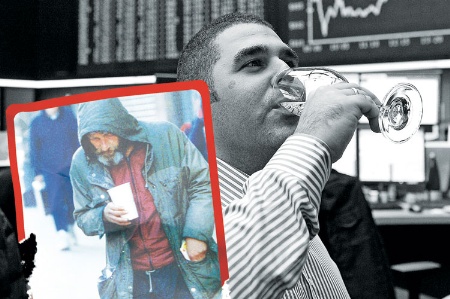 Stockbroker drinking champagne contrasted with homeless man