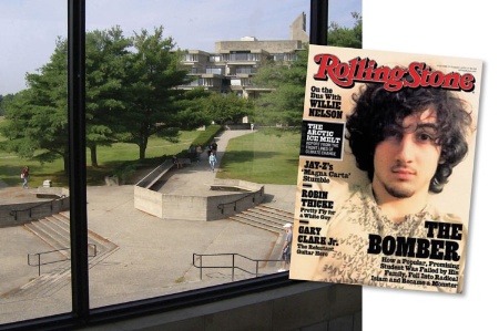 University campus and Rolling Stone cover