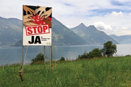 'Stop JA' sign by Swiss lake